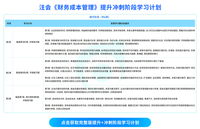 25年注会《财务成本管理》提升冲刺阶段学习计划