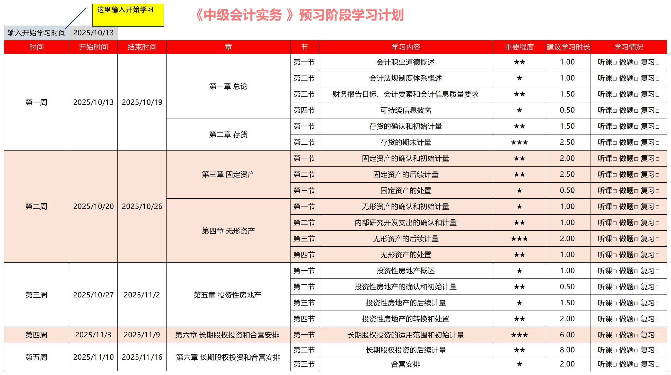 2026年《中级会计实务》预习阶段学习计划 